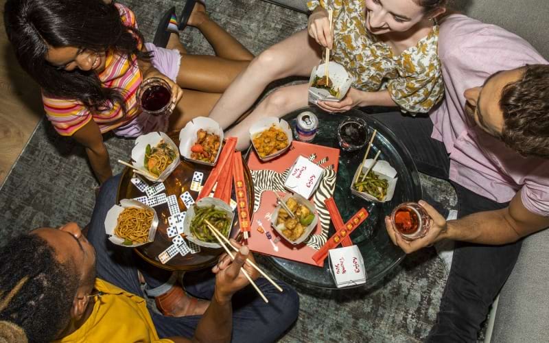 a group of people eating